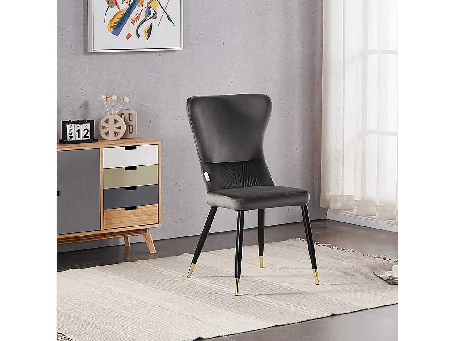 NEW YORK - Chaise Rétro en Velours Gris - Pieds Coloris Noir & Doré