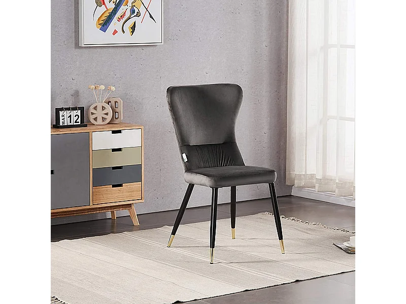 NEW YORK - Chaise Rétro en Velours Gris - Pieds Coloris Noir & Doré