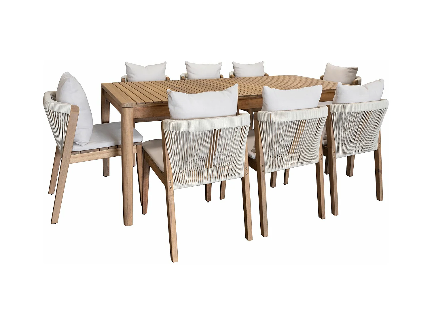 Now's Home - Ensemble De Jardin Table 2m+ 8 Chaises En Acacia Avec Coussin Blanc Fidji