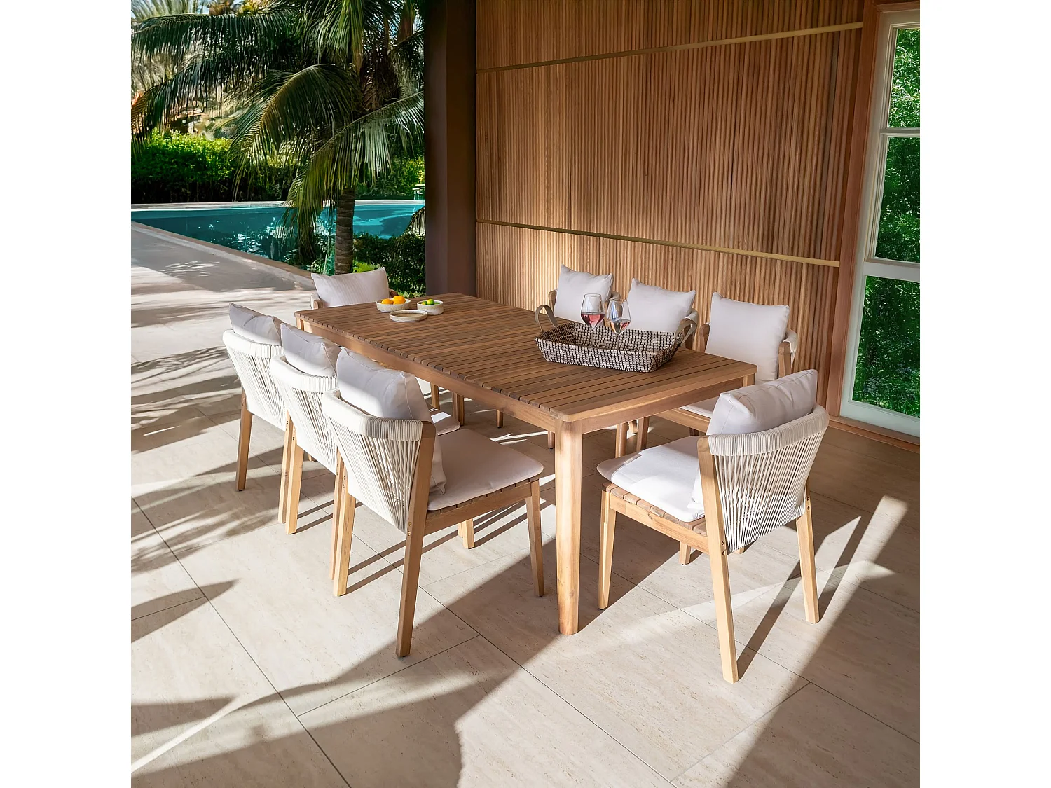 Now's Home - Ensemble De Jardin Table 2m+ 8 Chaises En Acacia Avec Coussin Blanc Fidji