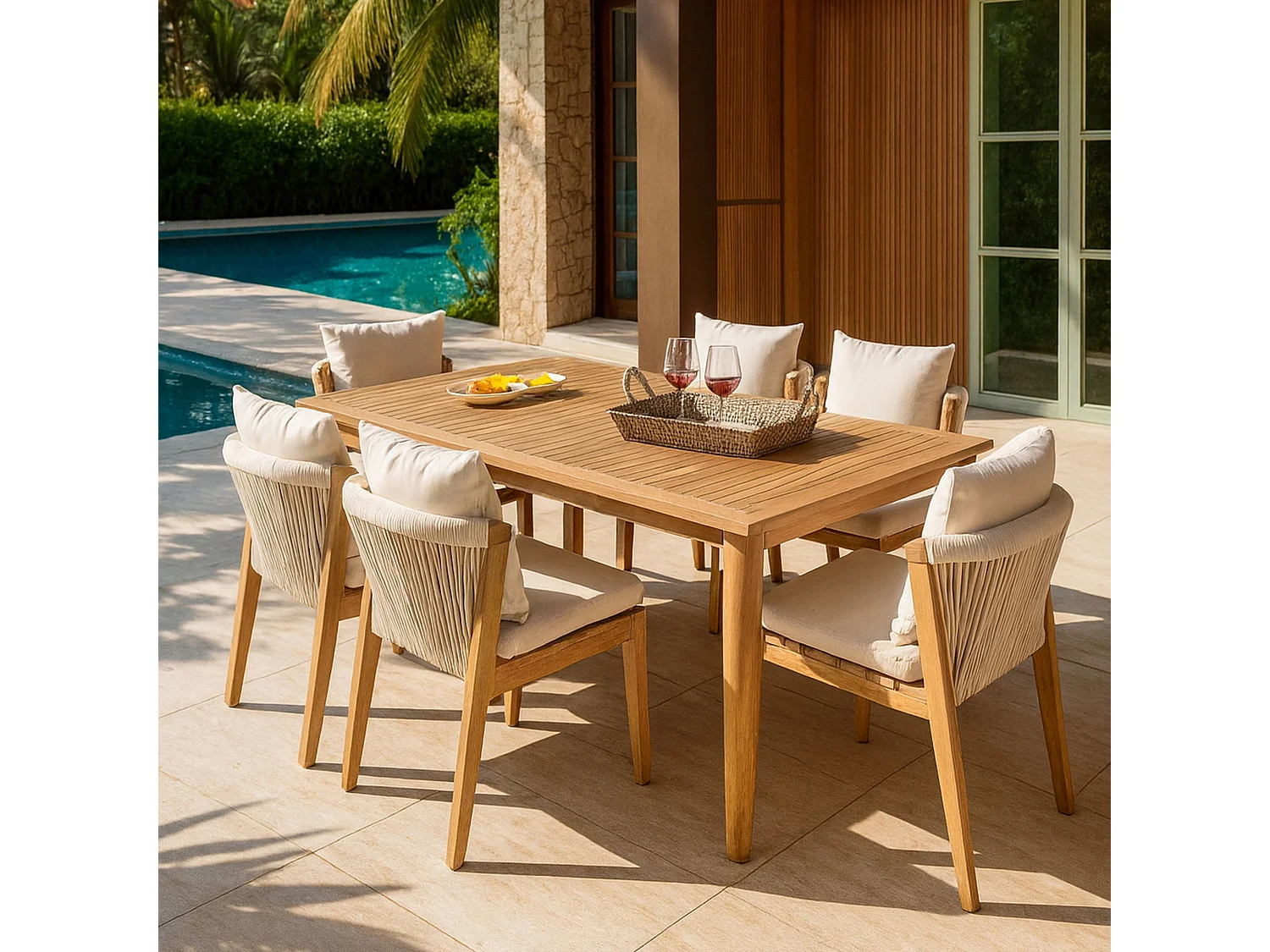 Now's Home - Ensemble De Jardin Table 2m+ 8 Chaises En Acacia Avec Coussin Blanc Fidji