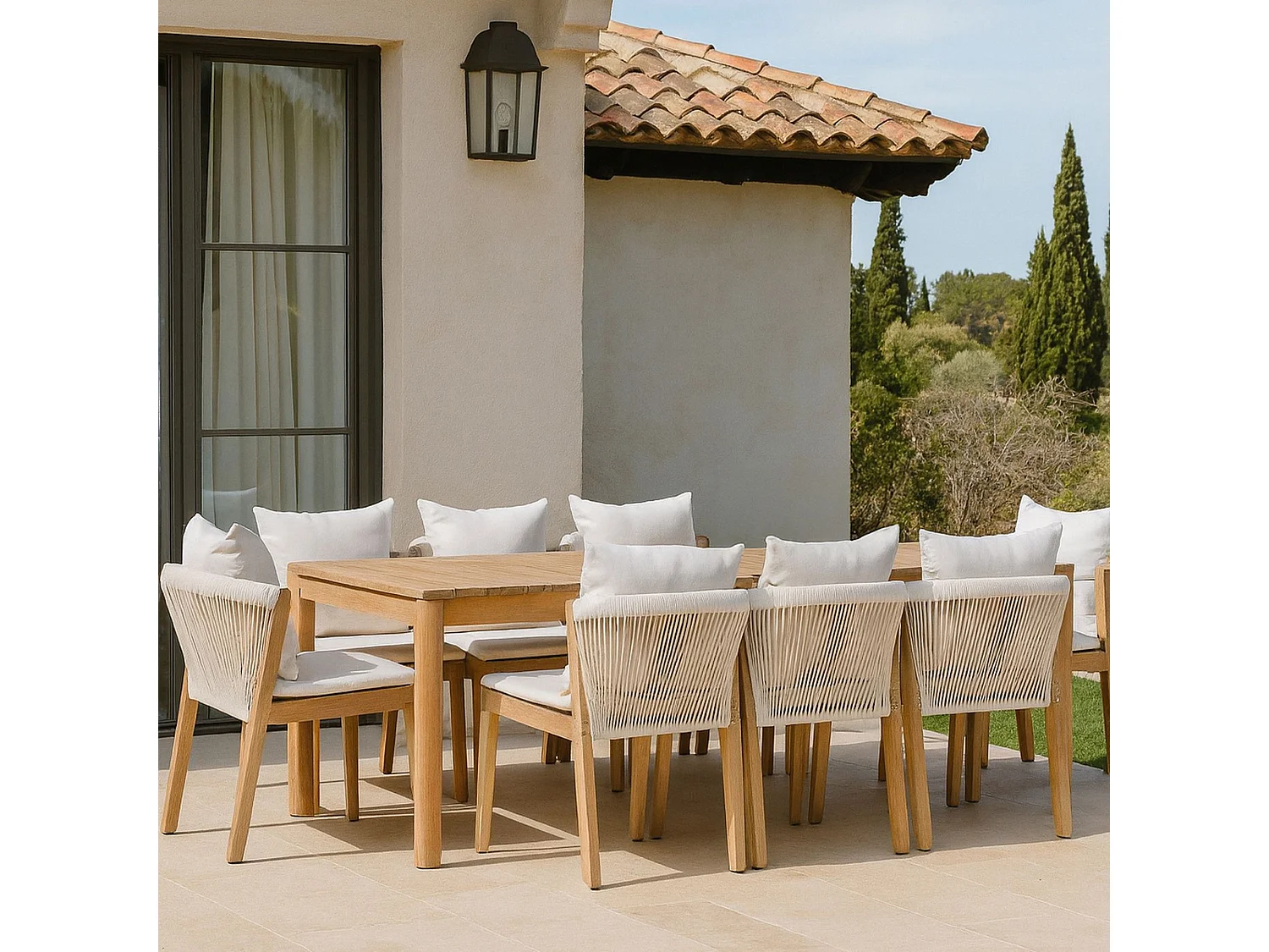 Now's Home - Ensemble De Jardin Table 2m+ 8 Chaises En Acacia Avec Coussin Blanc Fidji