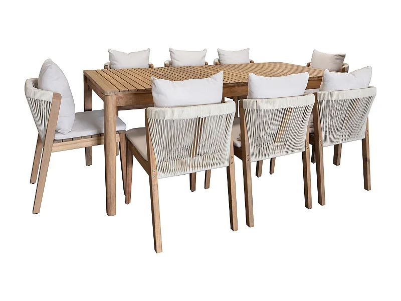 Now's Home - Ensemble De Jardin Table 2m+ 8 Chaises En Acacia Avec Coussin Blanc Fidji