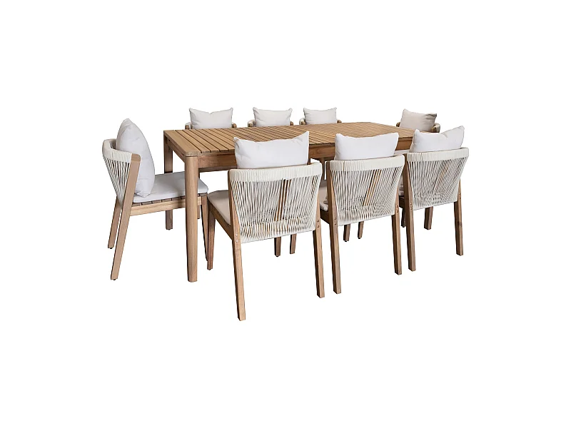 Now's Home - Ensemble De Jardin Table 2m+ 8 Chaises En Acacia Avec Coussin Blanc Fidji