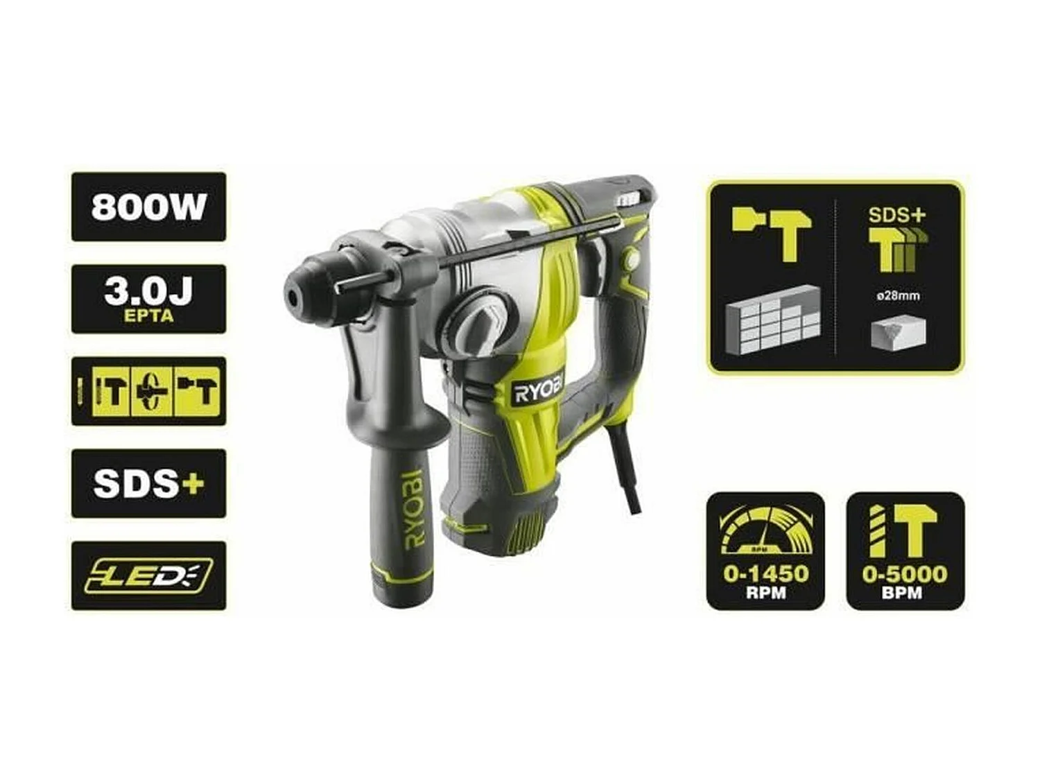 Perfurador Martelo RYOBI SDSPLUS 800W 4 modos 3,0 Joules