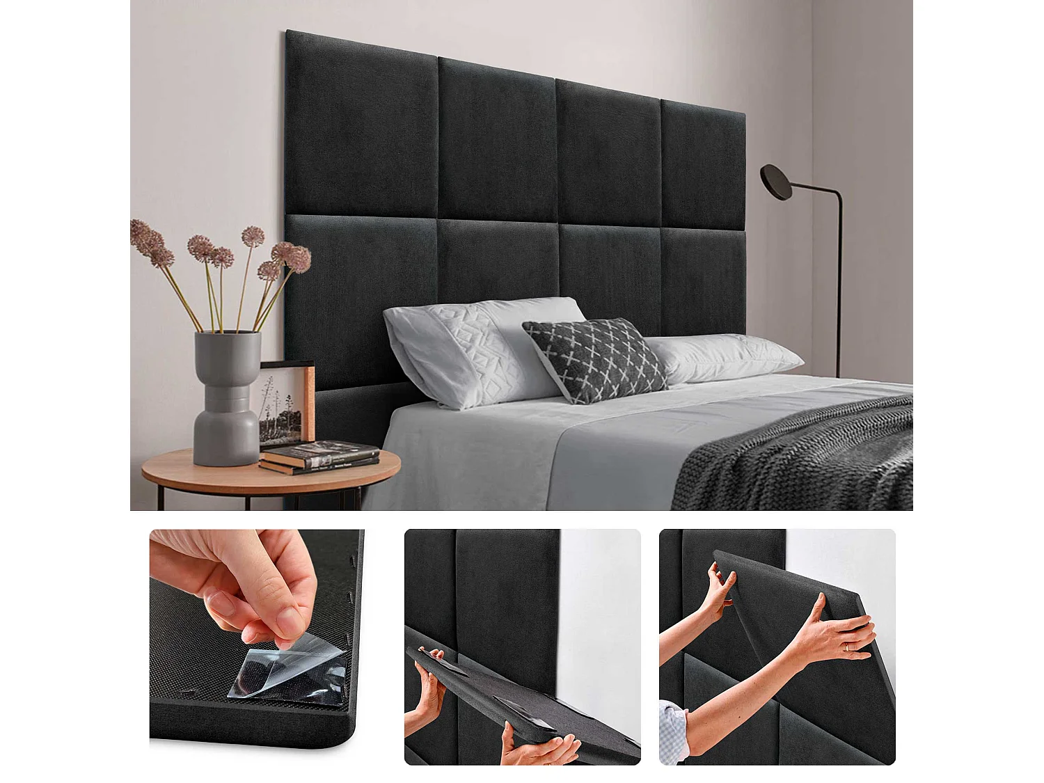 DHOME Lot de 8 Panneaux Rembourrés en Tissu Aqualine Autocollants pour Mur Acoustiques Absorbants Protection contre les Chocs (Noir, 60x60cm, x8)