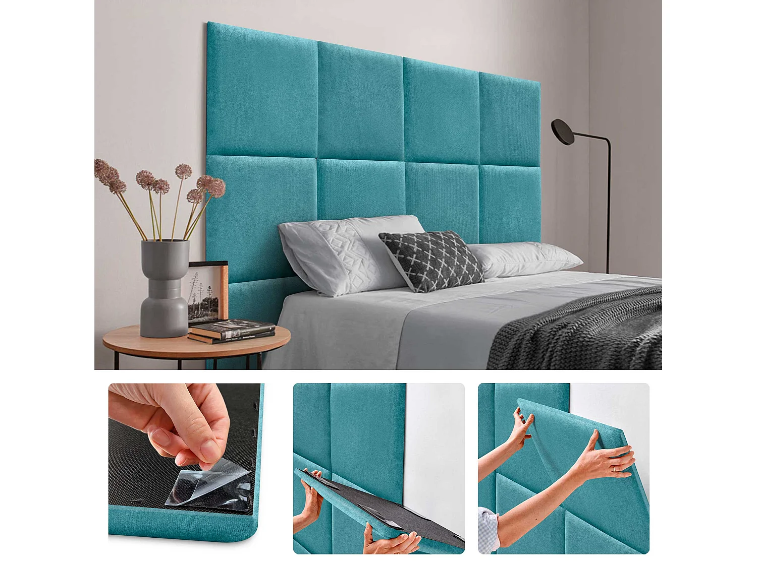 DHOME Lot de 8 Panneaux Rembourrés en Tissu Aqualine Autocollants pour Mur Acoustiques Absorbants Protection contre les Chocs (Turquoise, 50x50cm, x8)
