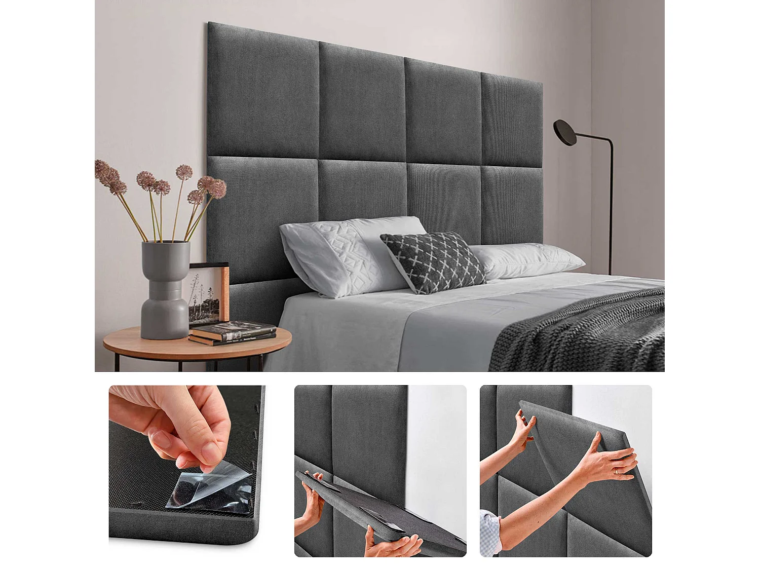 DHOME Set di 6 Pannelli Rivestiti in Tessuto Aqualine Autoadesivi per Parete Acustici Assorbenti Protezione Impatti (Grigio cenere, 50x50cm, x6)