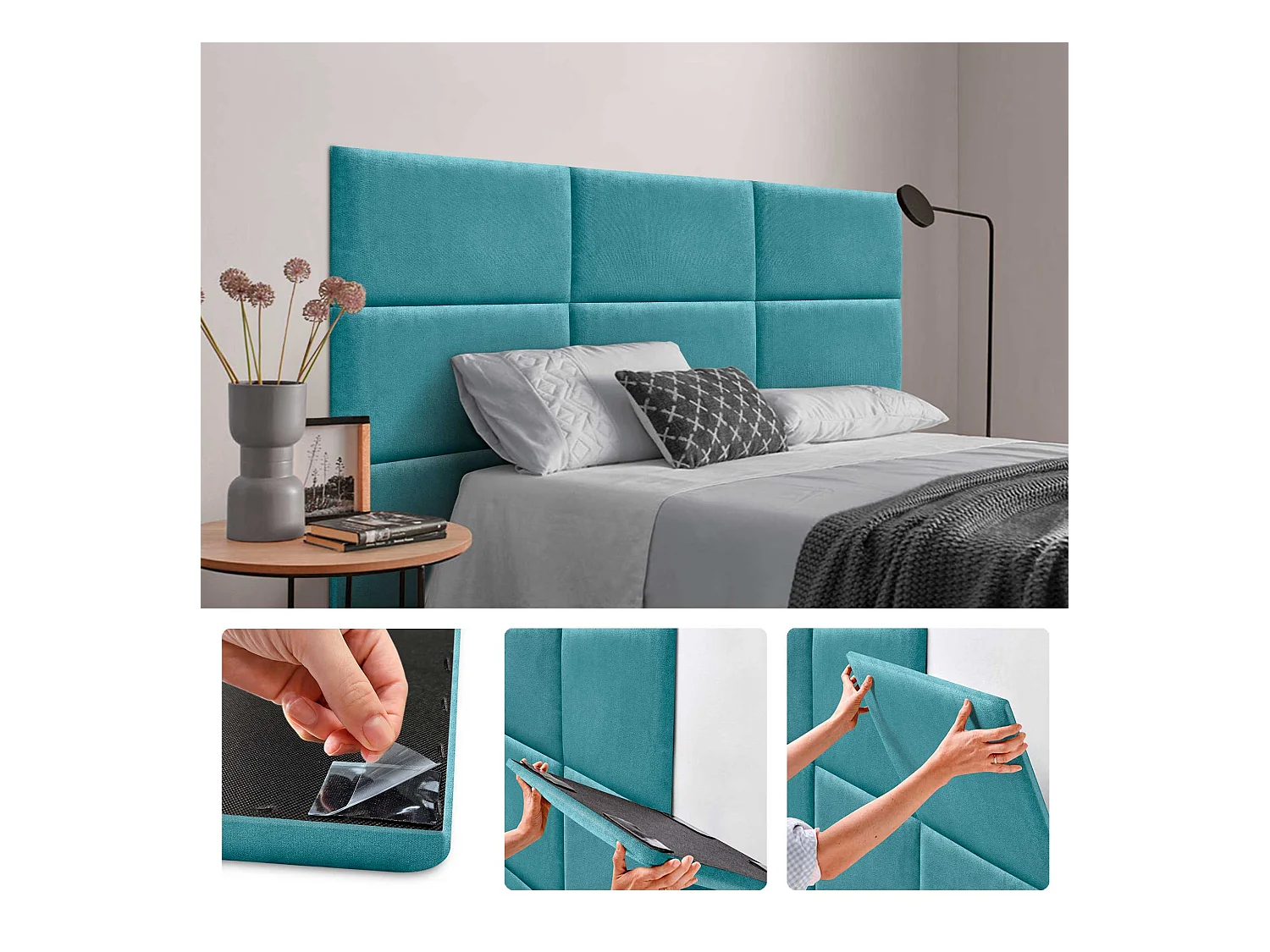 DHOME Lot de 8 Panneaux Rembourrés en Tissu Aqualine Autocollants pour Mur Acoustiques Absorbants Protection contre les Chocs (Turquoise, 50x40cm, x8)