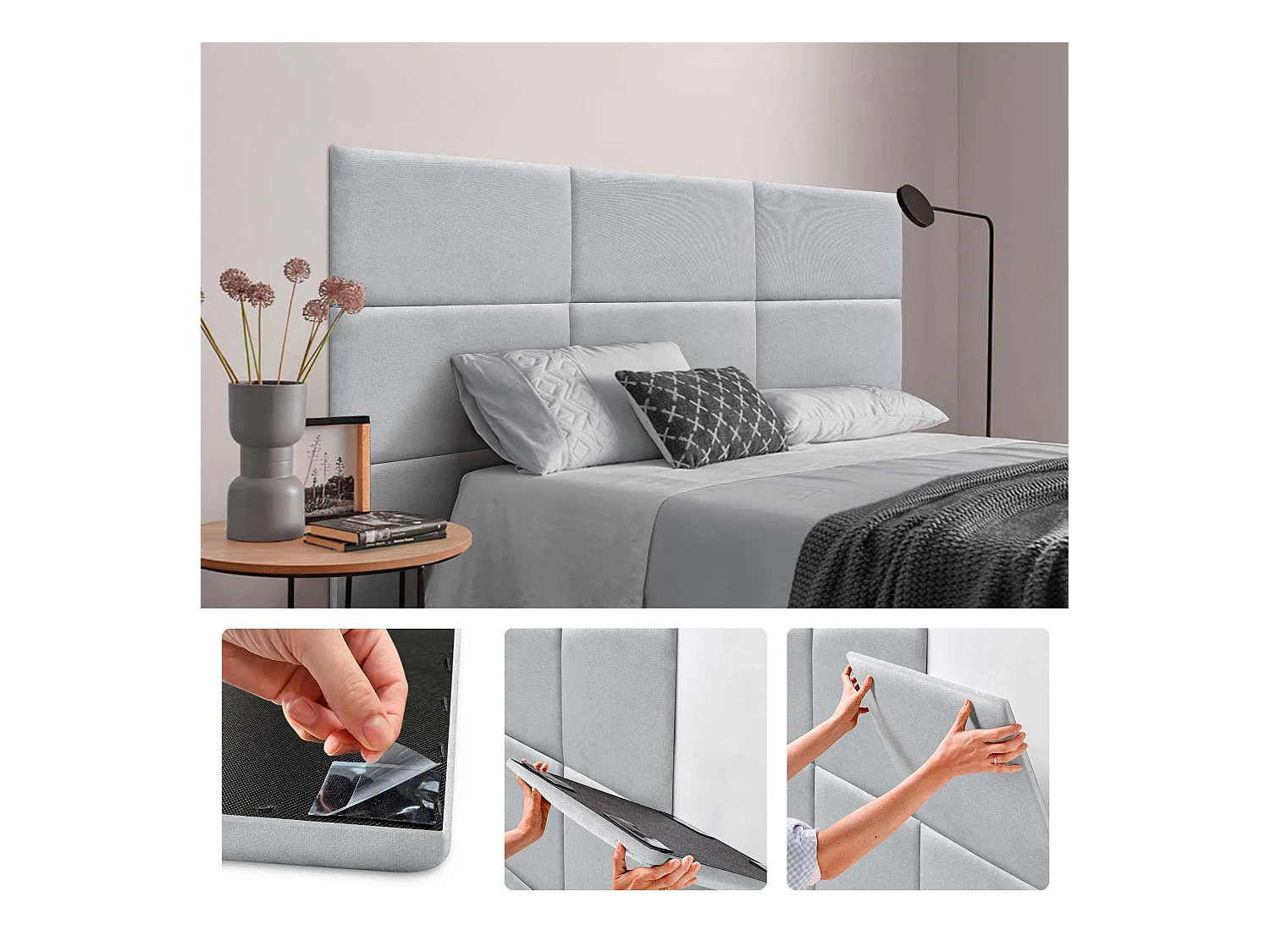 DHOME Lot de 8 Panneaux Rembourrés en Tissu Aqualine Autocollants pour Mur Acoustiques Absorbants Protection contre les Choc (Gris clair, 50x30cm, x8)