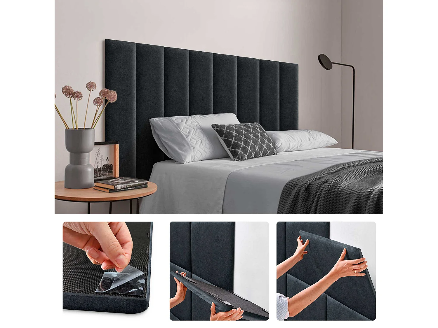 DHOME Lot de 8 Panneaux Rembourrés en Tissu Aqualine Autocollants pour Mur Acoustiques Absorbants Protection contre les Chocs (Noir, 60x30cm, x8)