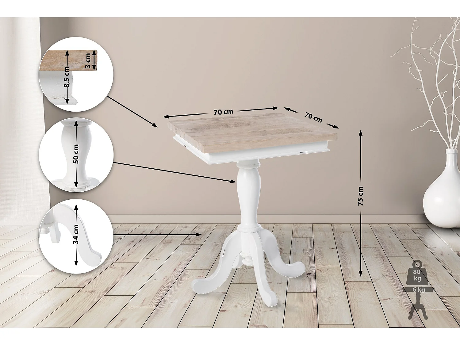 Table d'appoint - carré - Bois - 50 x 50 cm - Nature / Blanc - Goa