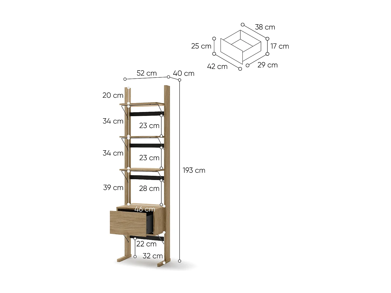 Bibliothèque étroite avec tiroir - 52 cm - couleur chêne huilé - OLLIE