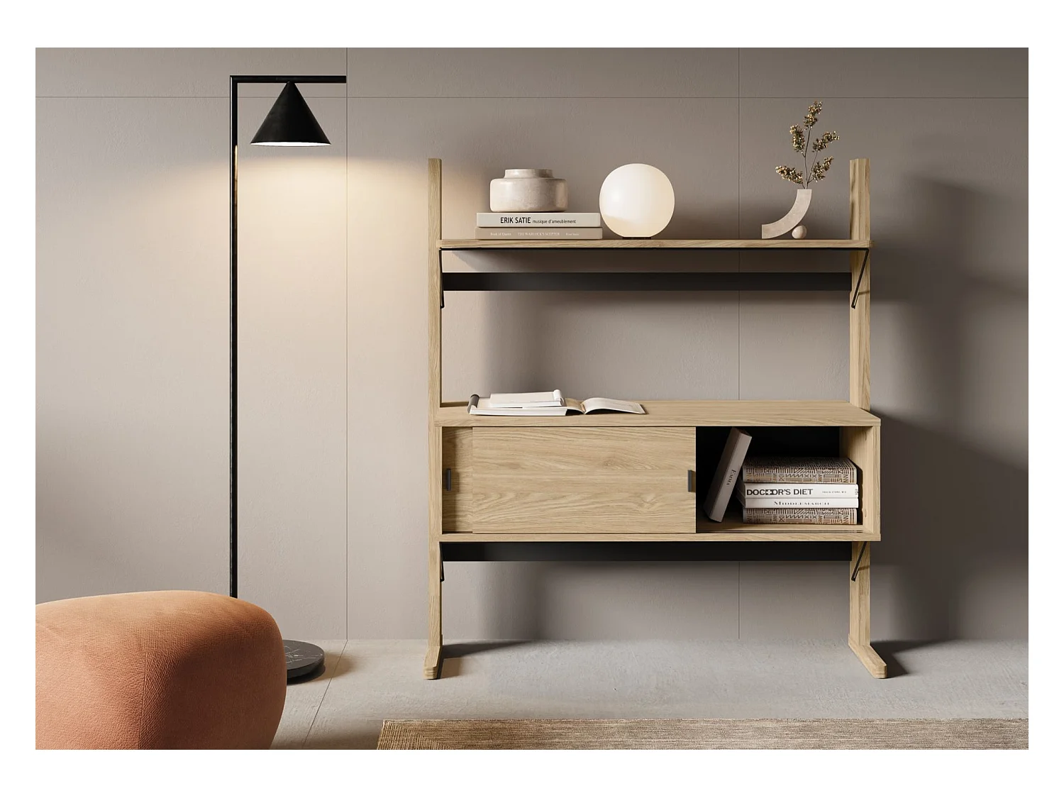 Bibliothèque basse avec rangement - 108 cm - chêne huilé - OLLIE