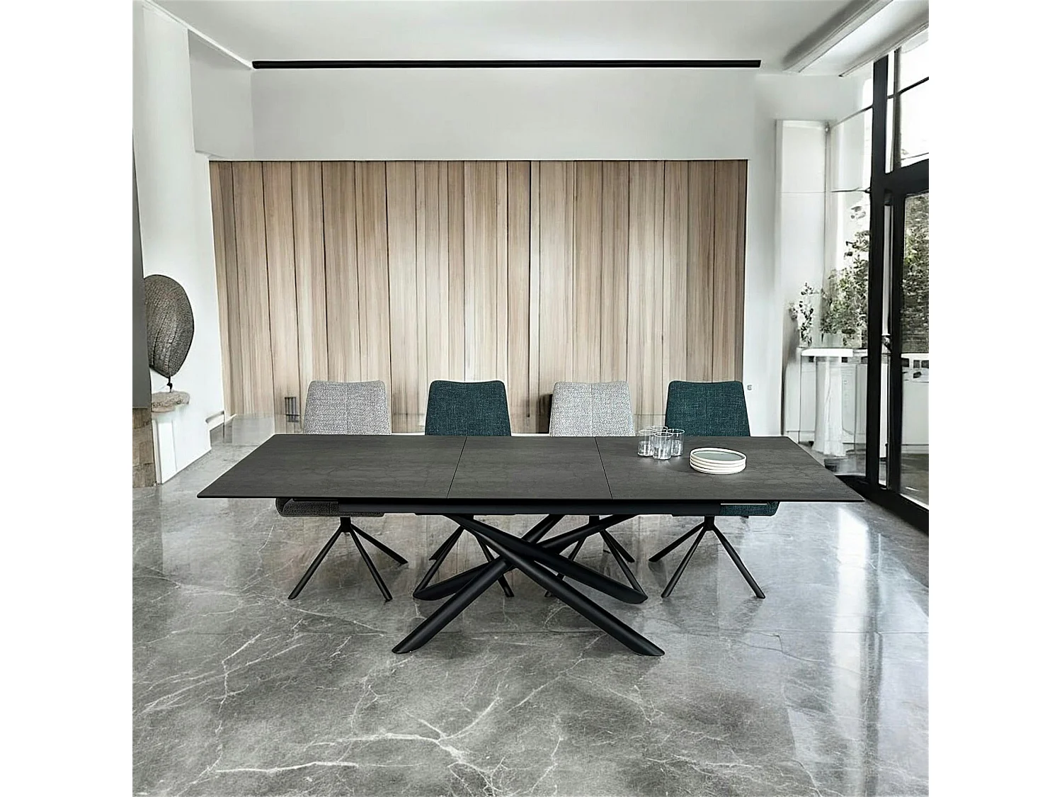 Table en céramique grise avec pied mikado 180-240 cm LOMBARDIE