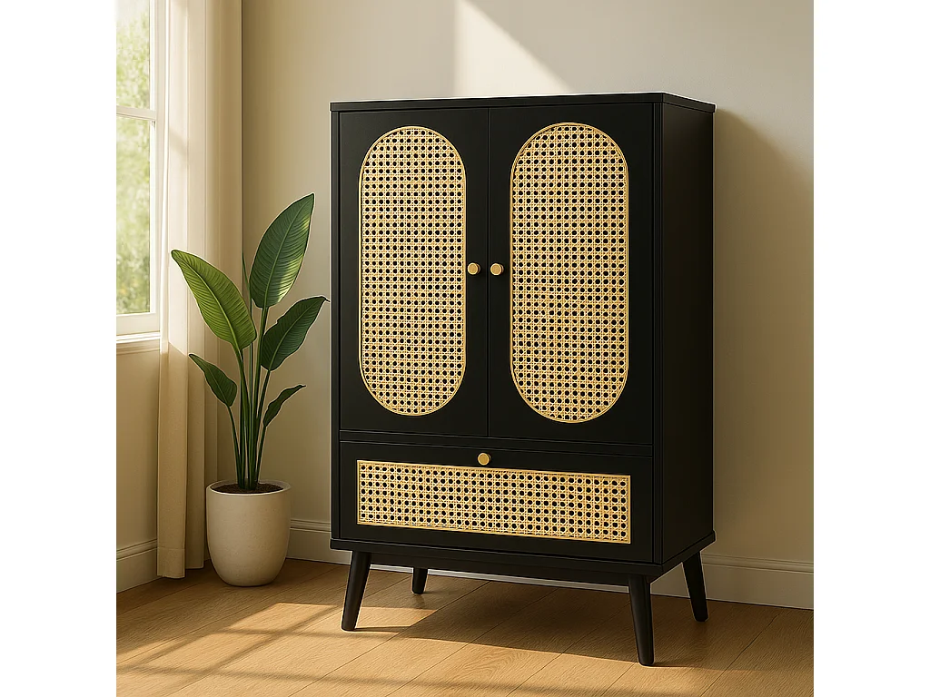 URBAN MEUBLE Buffet haut noir en rotin 2 portes et 1 tiroir 60*40*110.5 cm