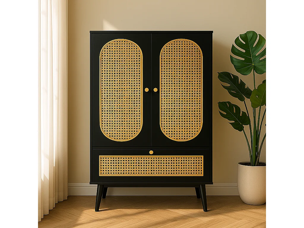 URBAN MEUBLE Buffet haut noir en rotin 2 portes et 1 tiroir 60*40*110.5 cm