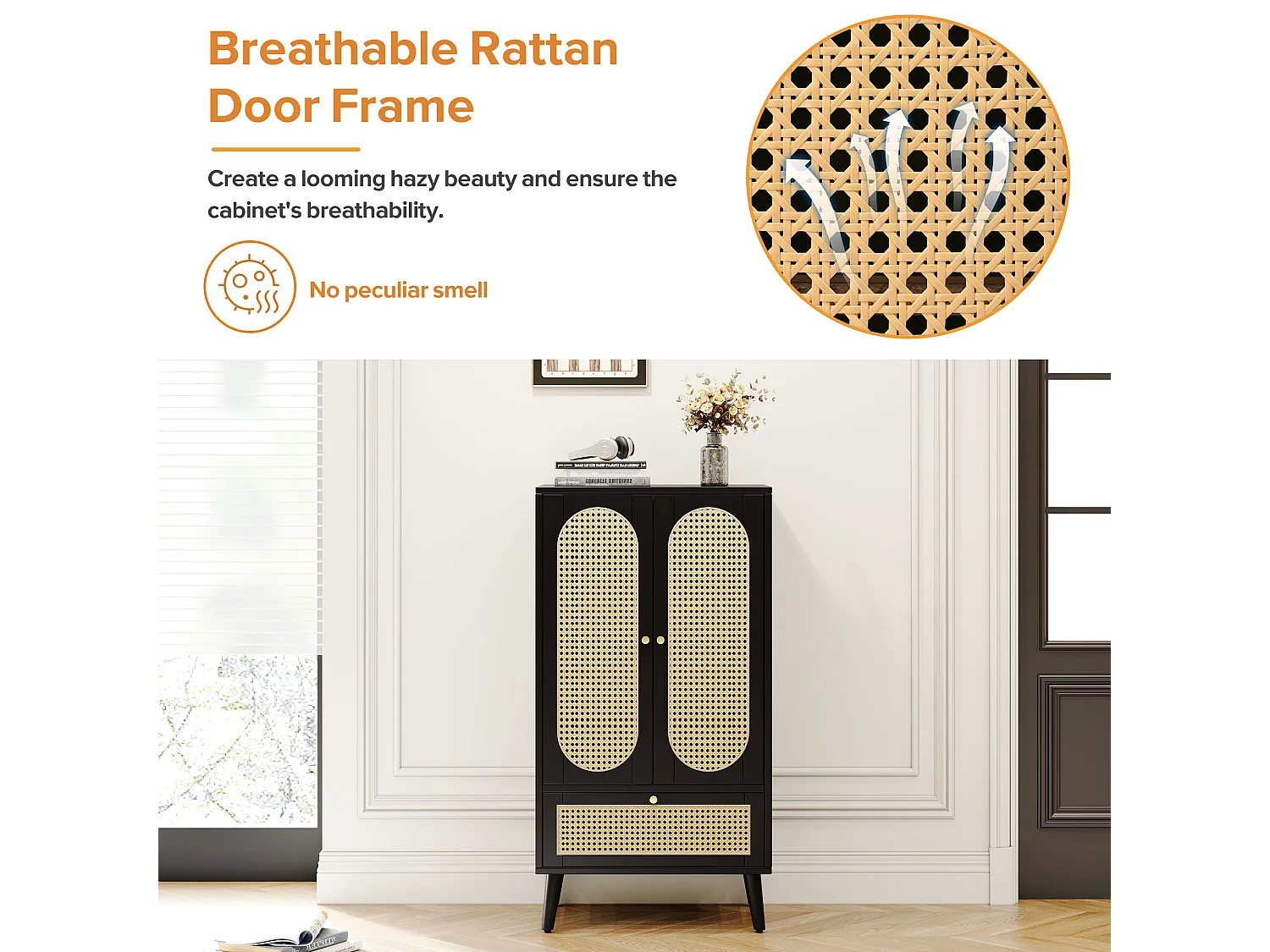 URBAN MEUBLE Buffet haut noir en rotin 2 portes et 1 tiroir 60*40*110.5 cm