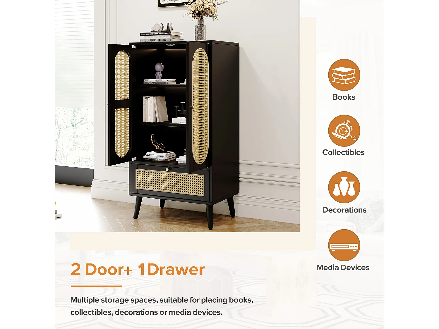 URBAN MEUBLE Buffet haut noir en rotin 2 portes et 1 tiroir 60*40*110.5 cm