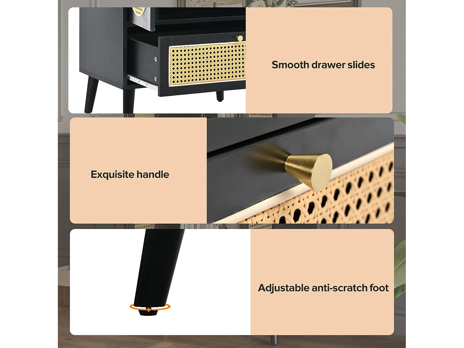 URBAN MEUBLE Buffet haut noir en rotin 2 portes et 1 tiroir 60*40*110.5 cm