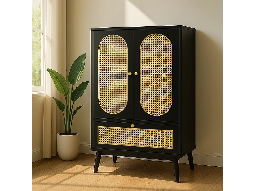URBAN MEUBLE Buffet haut noir en rotin 2 portes et 1 tiroir 60*40*110.5 cm