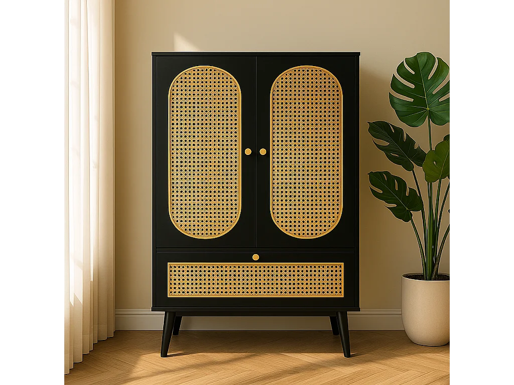 URBAN MEUBLE Buffet haut noir en rotin 2 portes et 1 tiroir 60*40*110.5 cm
