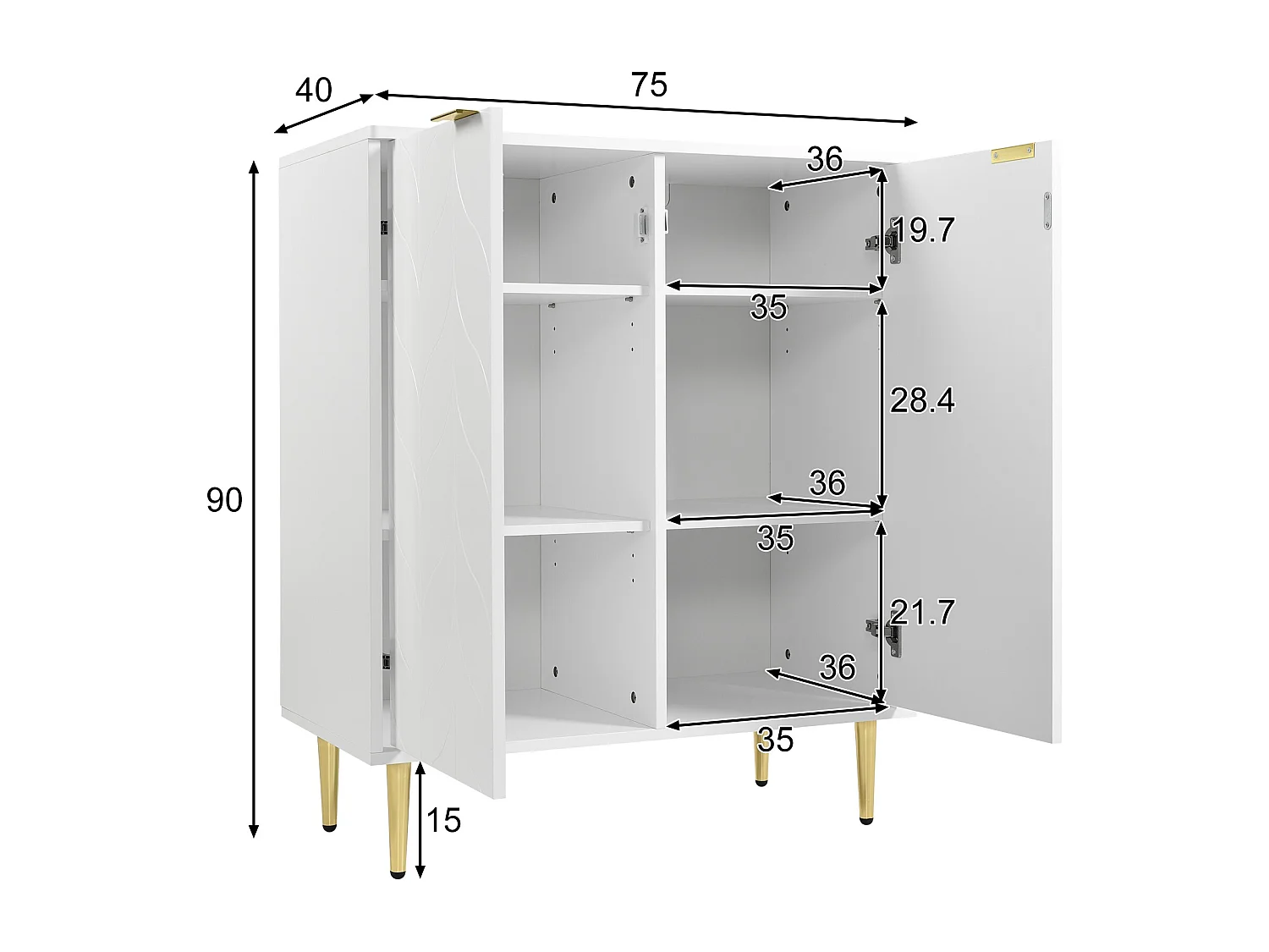 Buffet moderne motif floral blanc laqué avec pieds et poignées plaqués dorées DRONGREALS