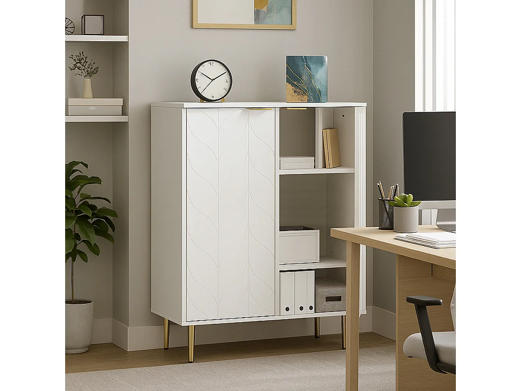 URBAN MEUBLE Buffet moderne motif floral blanc laqué avec pieds et poignées plaqués dorées