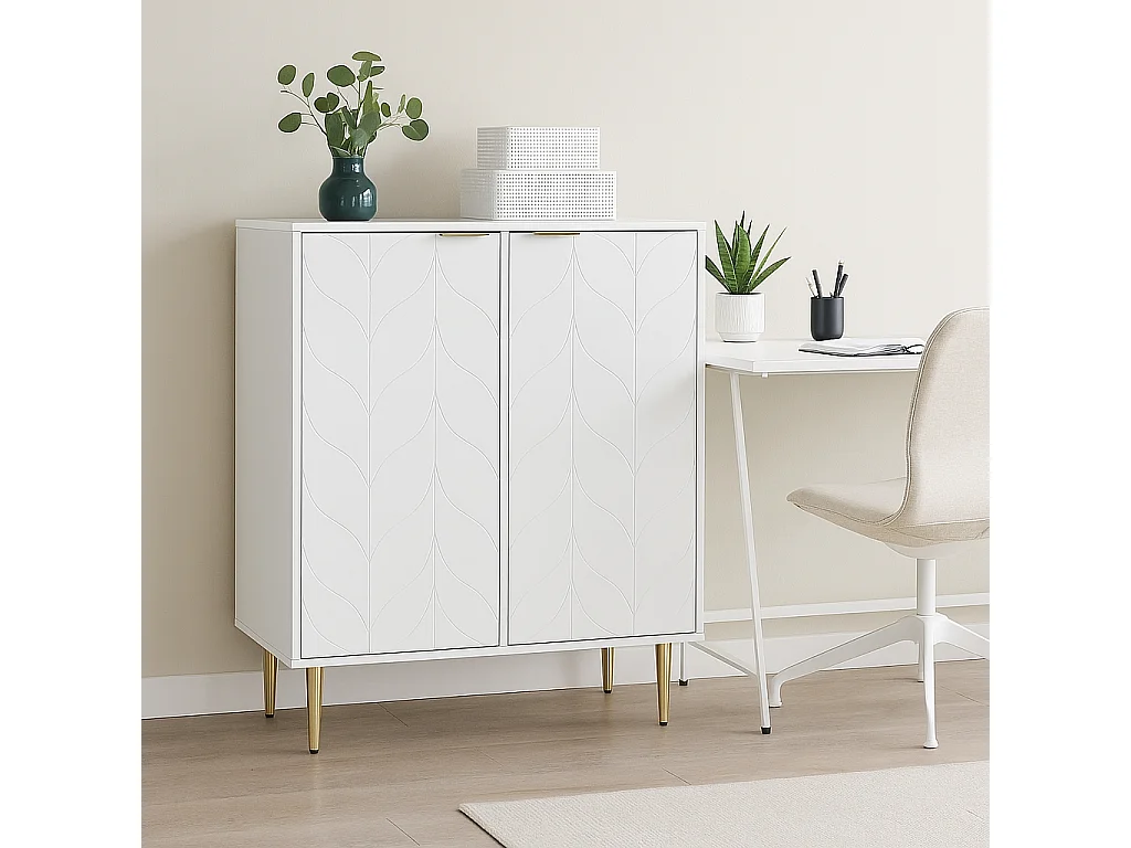 URBAN MEUBLE Buffet moderne motif floral blanc laqué avec pieds et poignées plaqués dorées