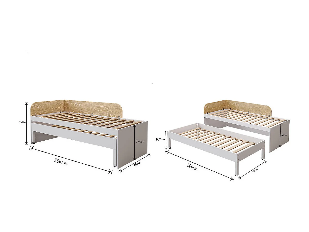 Lit gigogne 90x200 cm bois massif blanc et bois NOHA