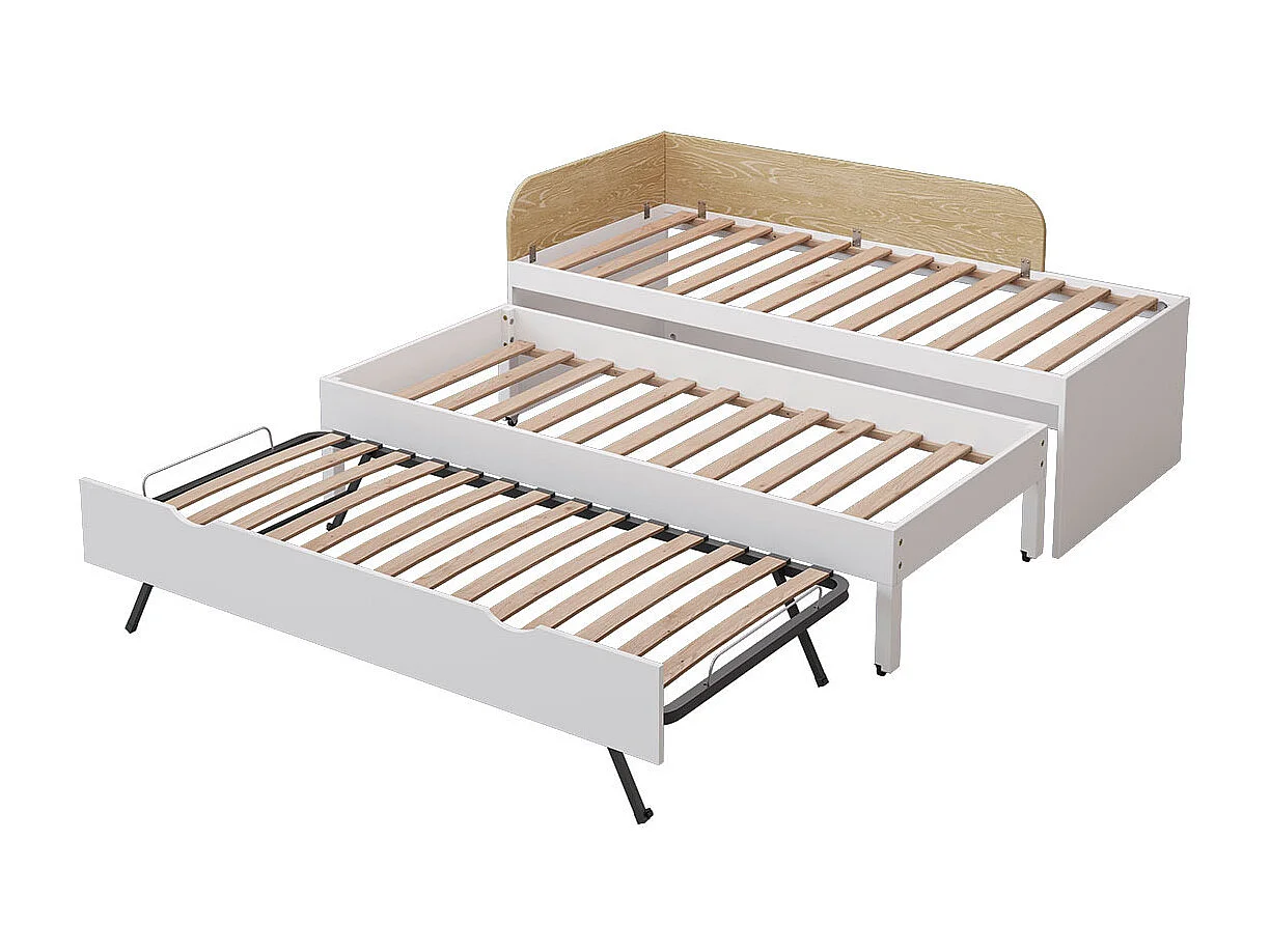 Pack lit gigogne 3 places avec matelas 90x200 cm bois massif blanc NOHA
