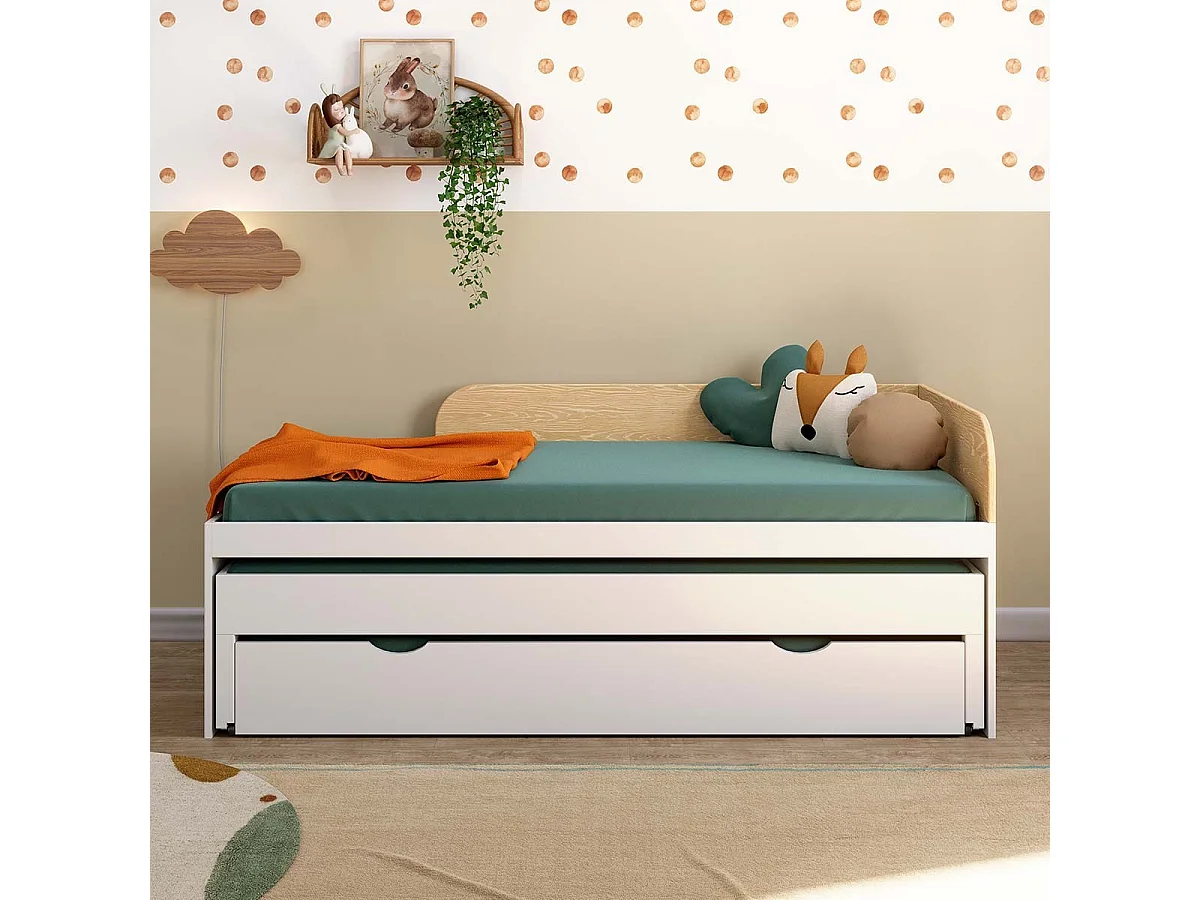 Pack lit gigogne 3 places avec matelas 90x200 cm bois massif blanc NOHA