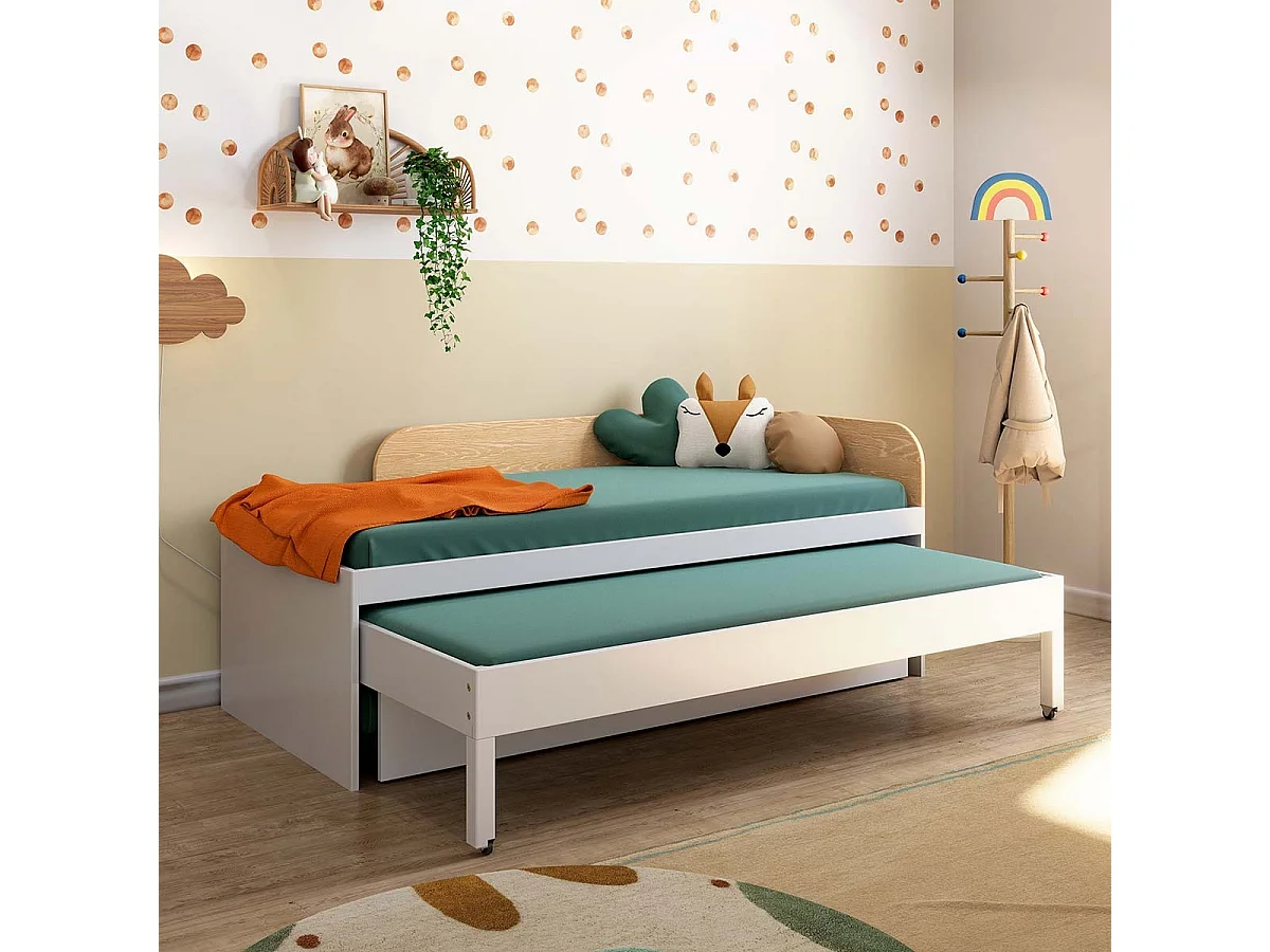 Pack lit gigogne 3 places avec matelas 90x200 cm bois massif blanc NOHA