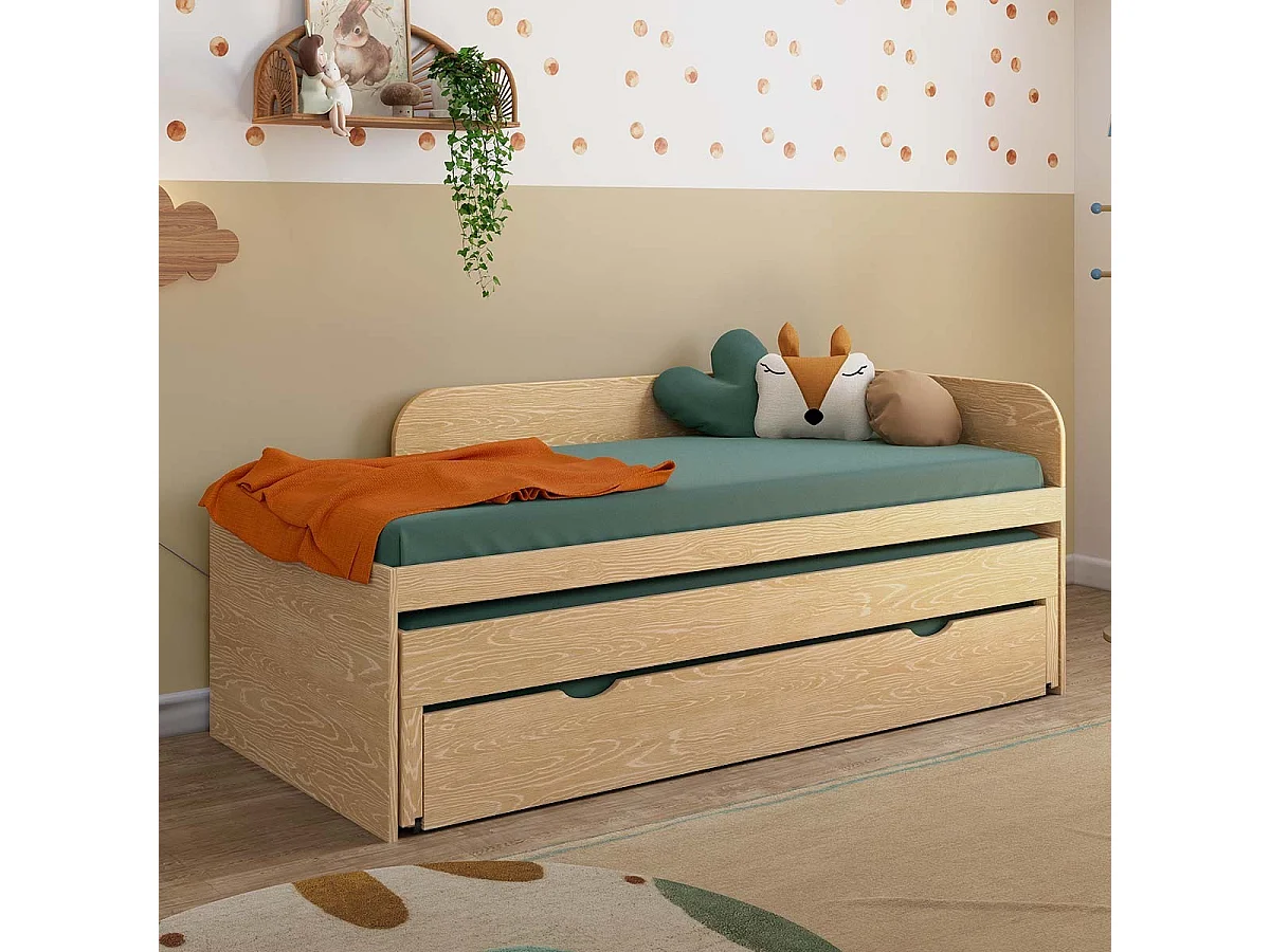 Pack lit gigogne 3 places avec matelas 90x200 cm bois massif bois NOHA