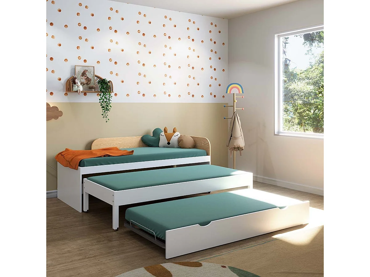 Lit gigogne 3 places 90x200 cm bois massif blanc NOHA