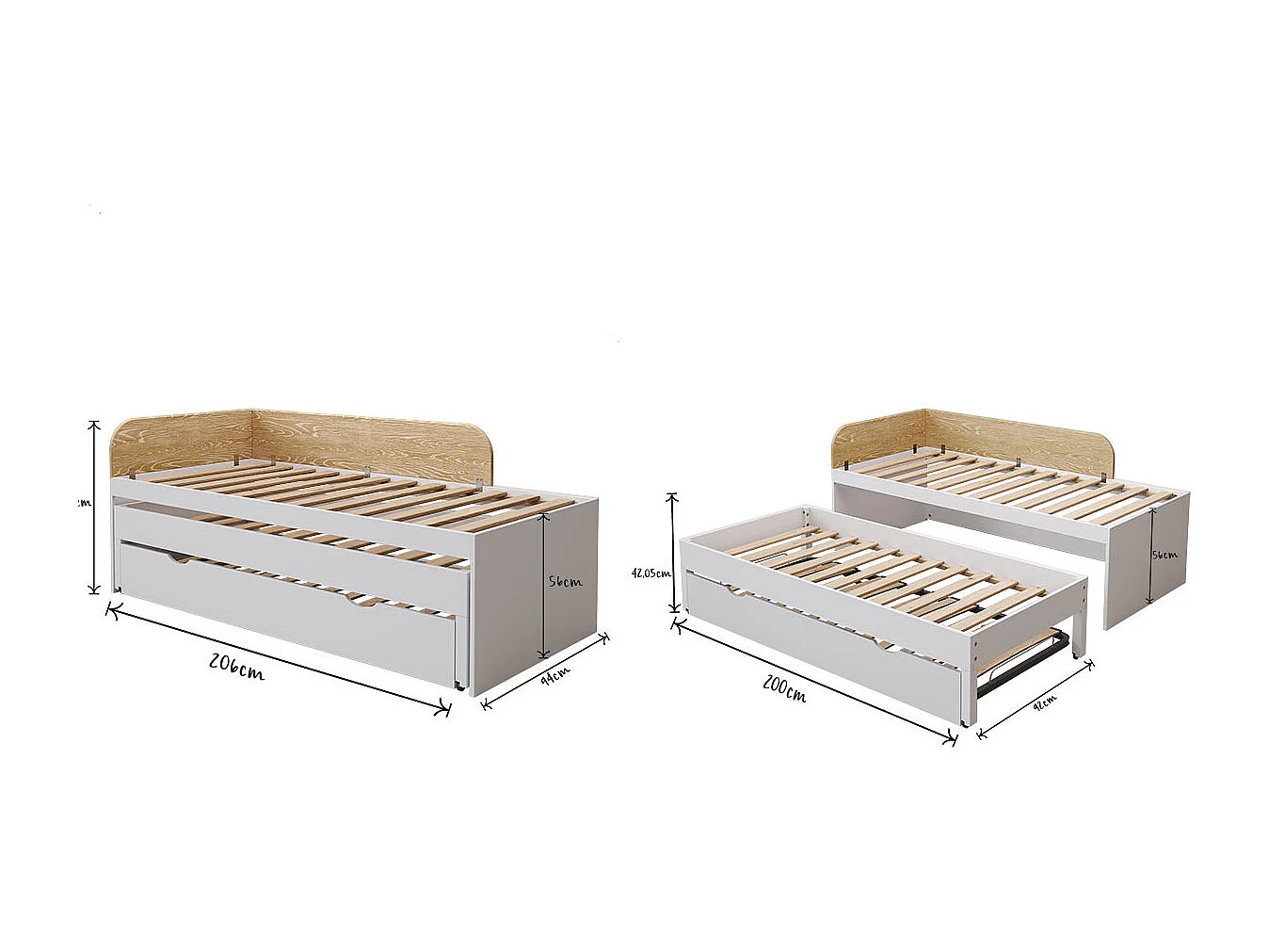 Lit gigogne 3 places 90x200 cm bois massif blanc NOHA