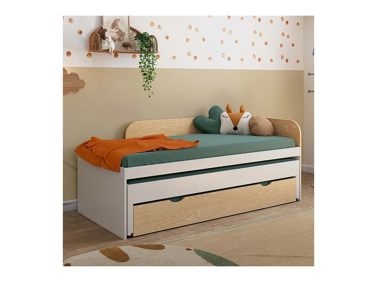 Lit gigogne 3 places 90x200 cm bois massif blanc et bois NOHA