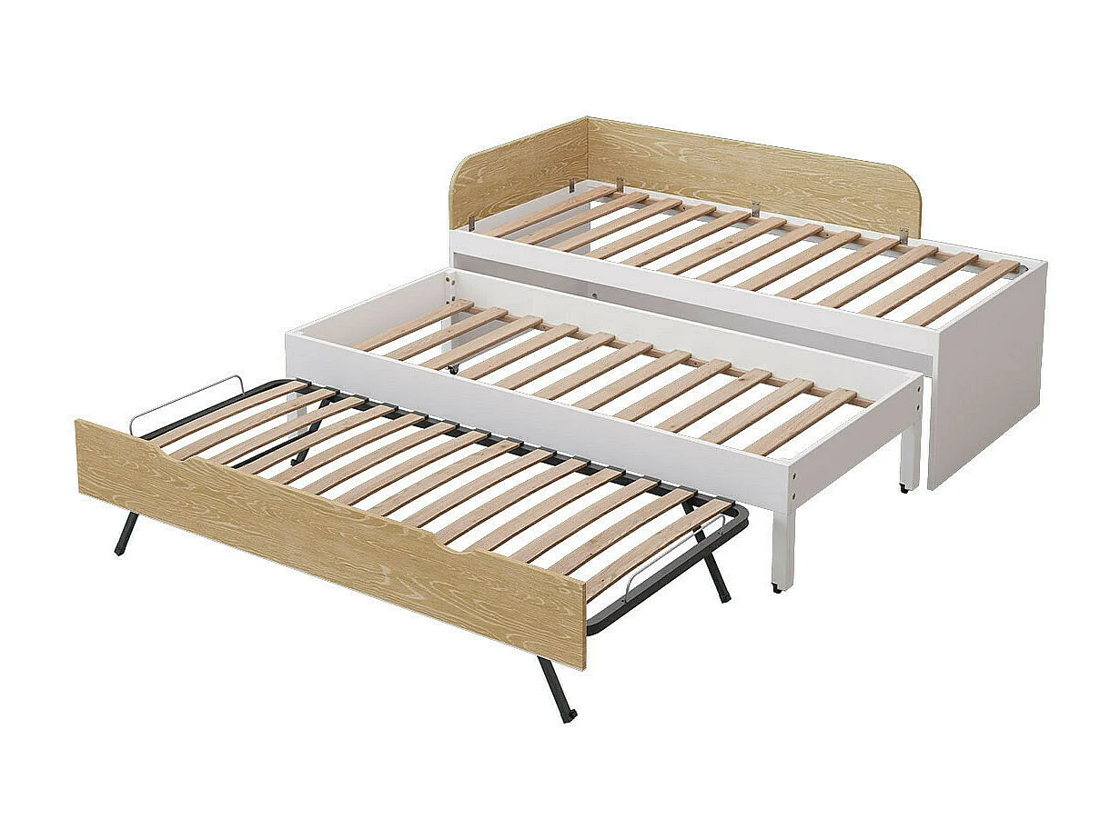 Lit gigogne 3 places 90x200 cm bois massif blanc et bois NOHA
