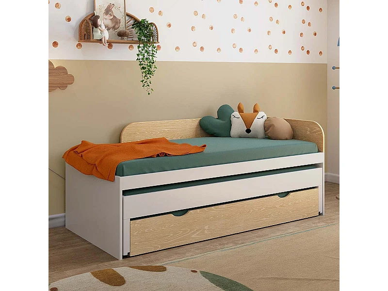 Lit gigogne 3 places 90x200 cm bois massif blanc et bois NOHA