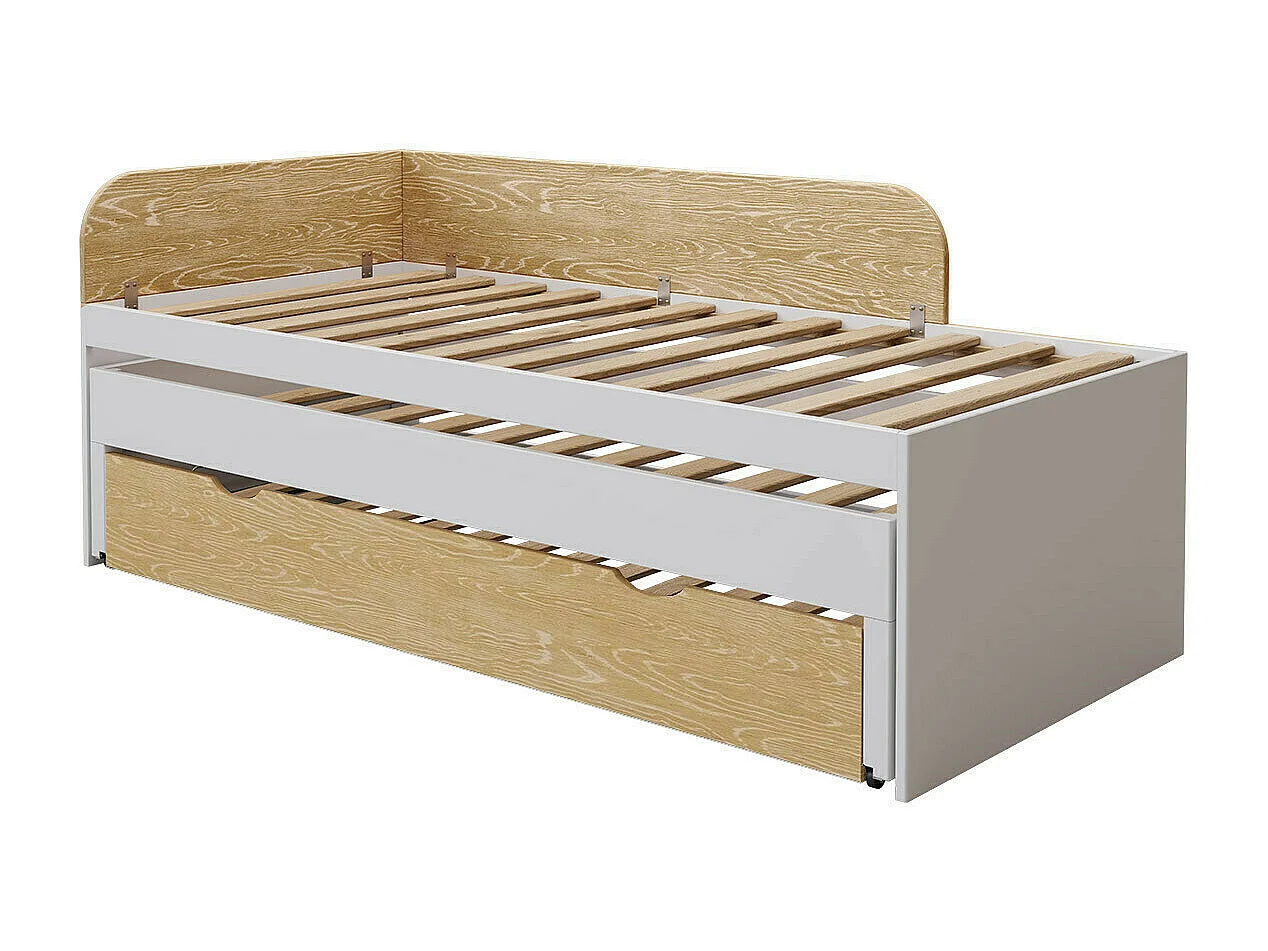 Pack lit gigogne 3 places avec matelas 90x200 cm bois massif blanc et bois NOHA