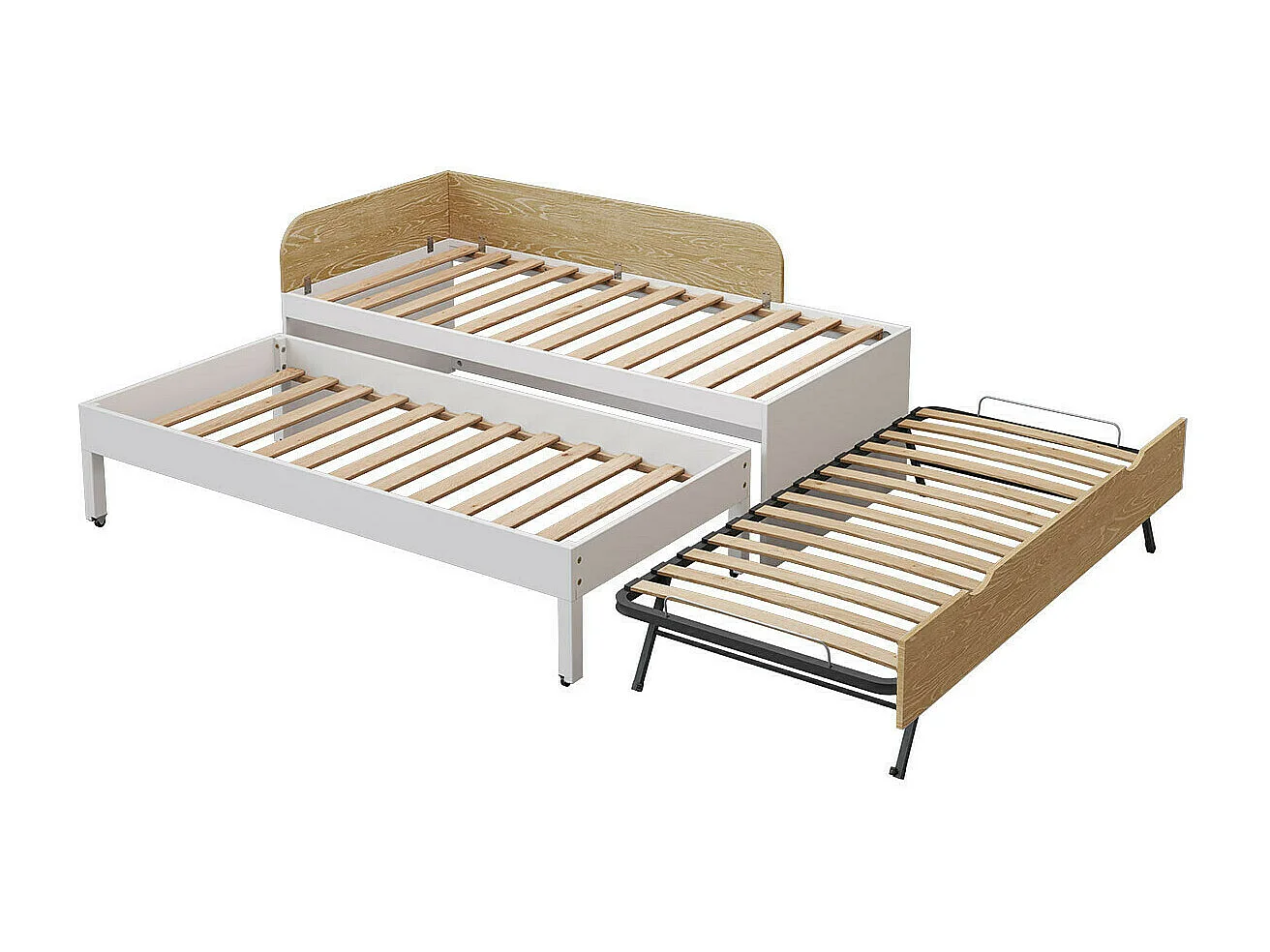 Pack lit gigogne 3 places avec matelas 90x200 cm bois massif blanc et bois NOHA