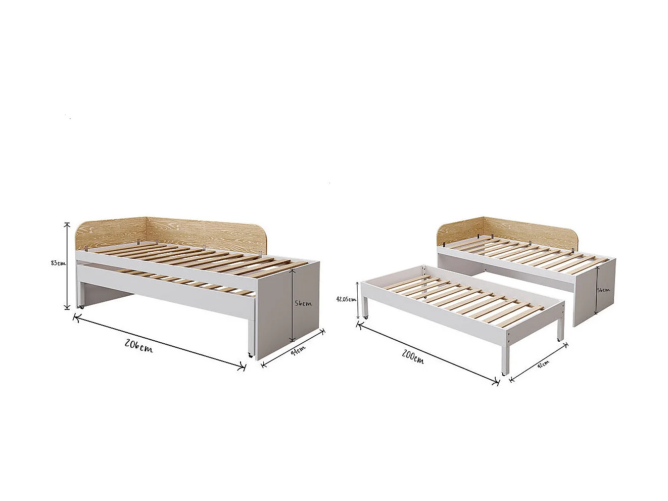 Lit gigogne 90x200 cm bois massif bois NOHA