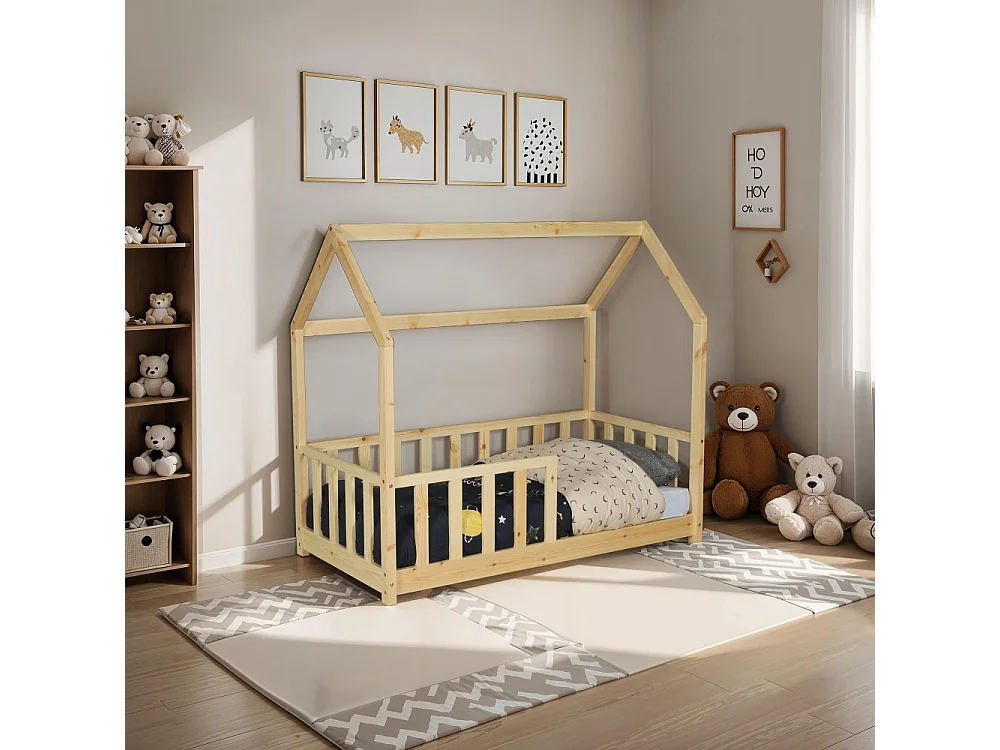 Lit cabane Kiwi 70x140 + 1 sommier + barrière /Naturel