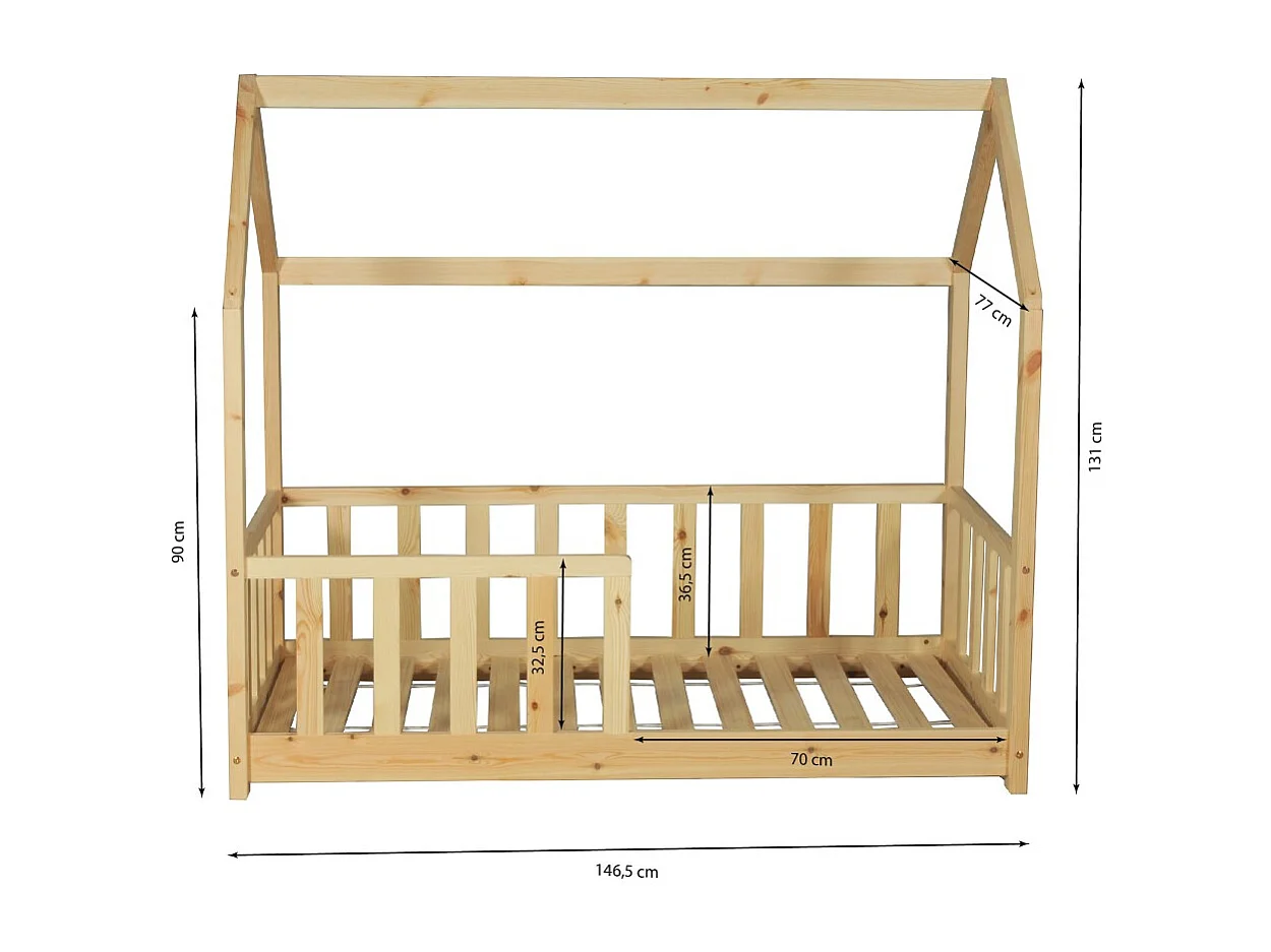 Lit cabane Kiwi 70x140 + 1 sommier + barrière /Naturel