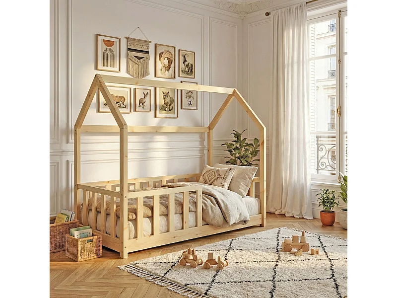 Lit cabane Kiwi 70x140 + 1 sommier + barrière /Naturel