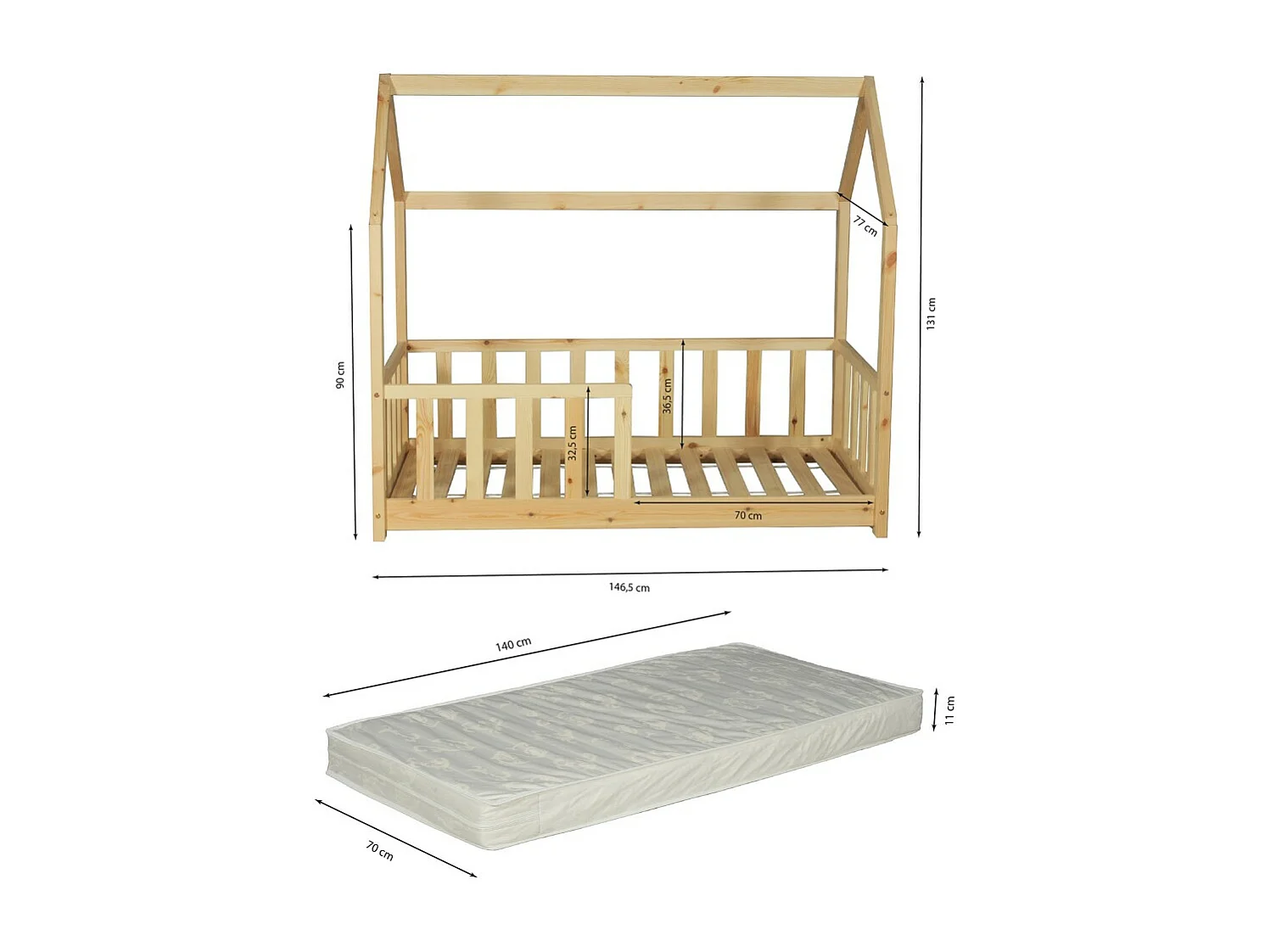 Lit cabane Kiwi 70x140 avec sommier et matelas /Naturel