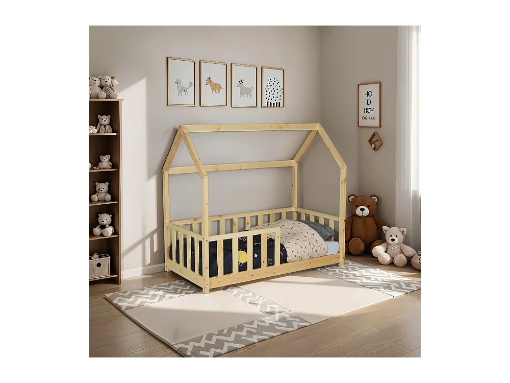 Lit cabane Kiwi 70x140 avec sommier et matelas /Naturel
