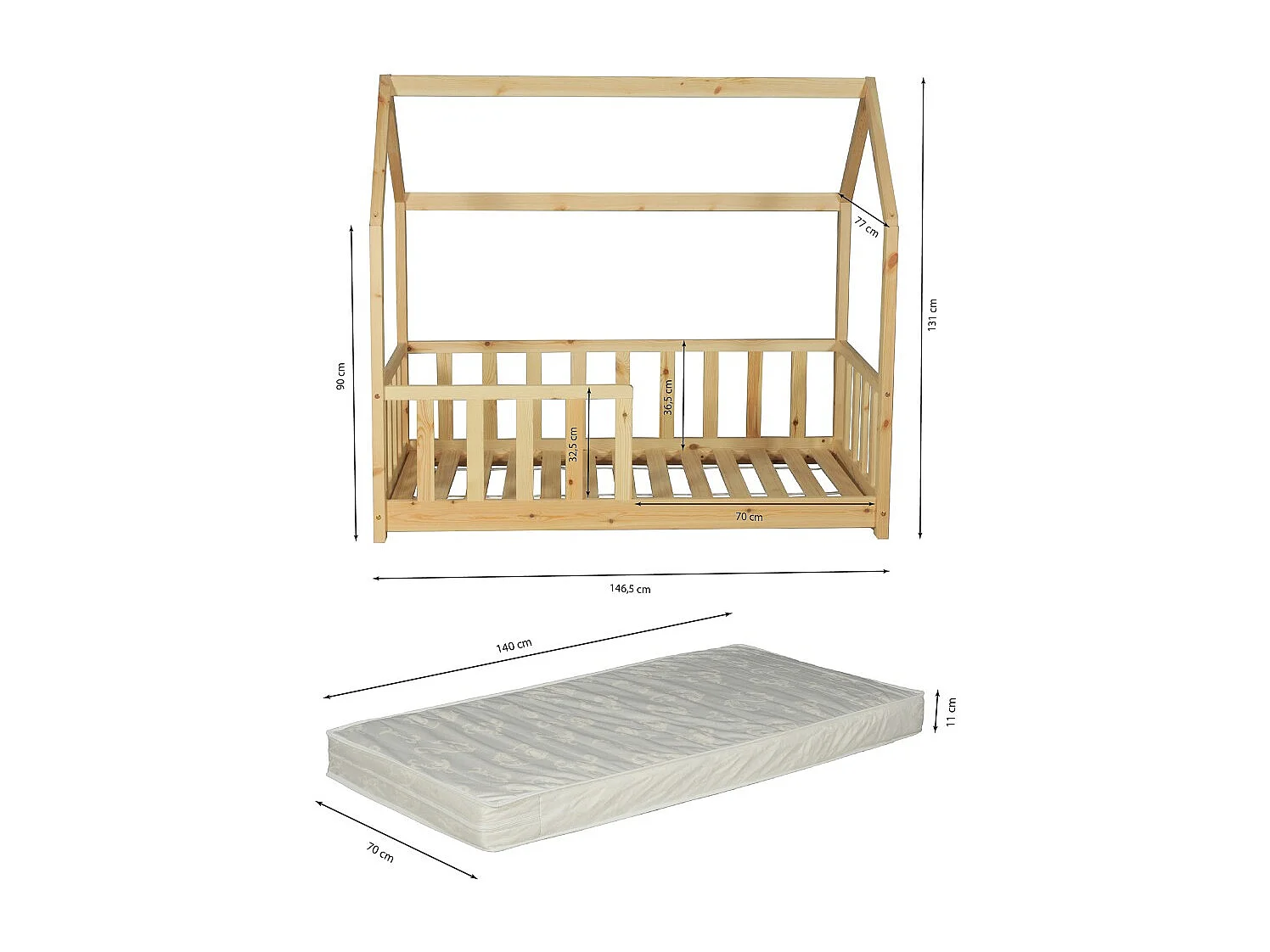 Lit cabane Kiwi 70x140 avec sommier et matelas /Naturel