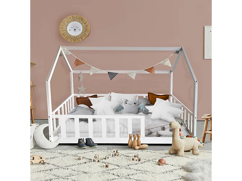 Lit cabane Kiwi 90x190 avec sommier et matelas /Blanc