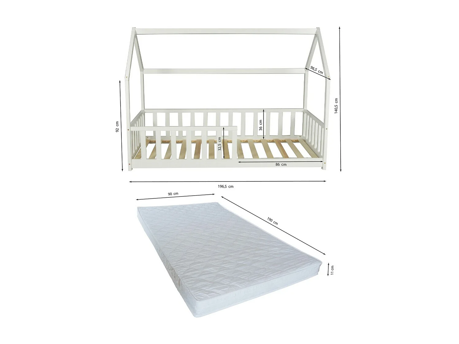 Lit cabane Kiwi 90x190 avec sommier et matelas /Blanc